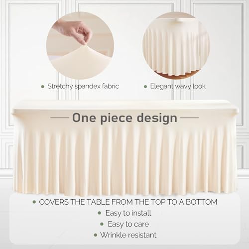 Party Talk Ivory 6ft Spandex Table Cover with Skirt - 6 Pack, Wrinkle-Resistant
