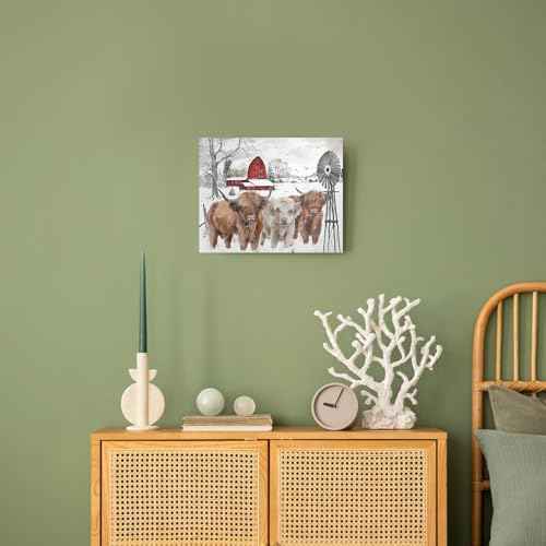 Highland Cow Pictures Christmas Decor: Merry Christmas Wall Art Cow Paintings Farmhouse Decor Rustic Barn Canvas Prints Winter Farm Scene Posters Xmas Holiday Indoor Wall Decorations 10"x12"