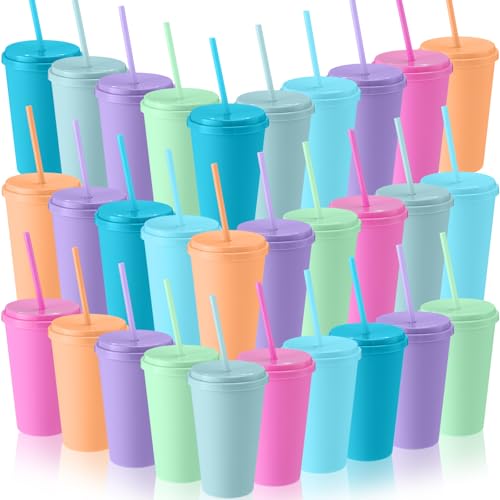 Honeydak Plastic Tumblers with Lids and Straws Bulk, Macaron Color,