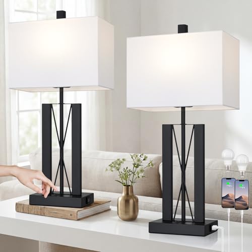 White 25-Inch Modern Table Lamps Set of 2 with USB Charging for Bedroom & Living Room