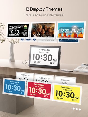 Raynic 10.1 Inch Digital Calendar Clock with 12 Themes, 20 Alarms, Auto Dimming - Black