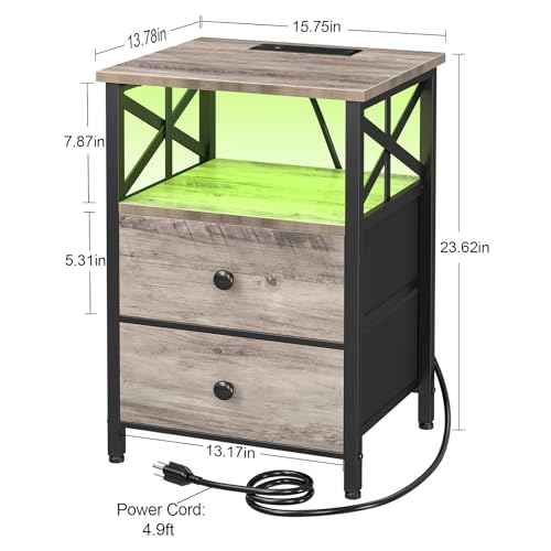 AMHANCIBLE Nightstands Set of 2 with Charging Station & RGB LED Lights - Greige