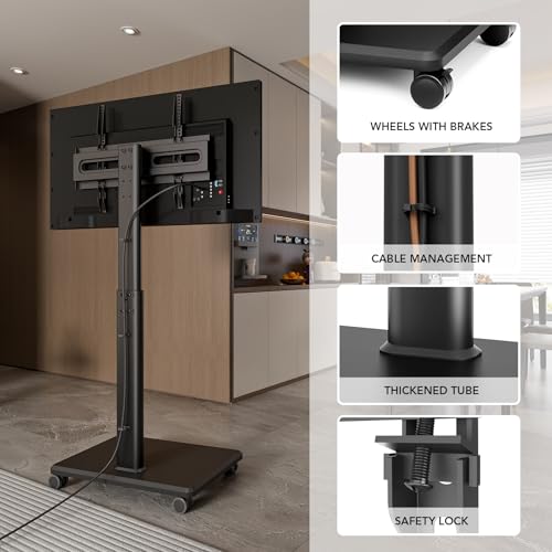 Black Portable Floor TV Stand with Wheels, 27-65 Inch Adjustable Swivel, Max 88 lbs
