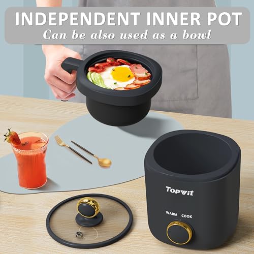 TopWit 2-Cup Mini Rice Cooker Grey, Compact Portable Food Steamer with Removable Pot
