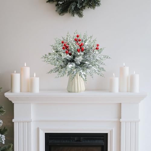 Watayo 45 Pcs Artificial Christmas Snow Pine Branches & Red Berry Stems - Snowy Style