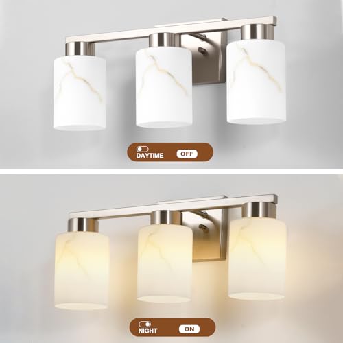 Brushed Nickel 3-Light Bathroom Vanity Light Fixture with White Marble Glass - Modern Wall Lamp