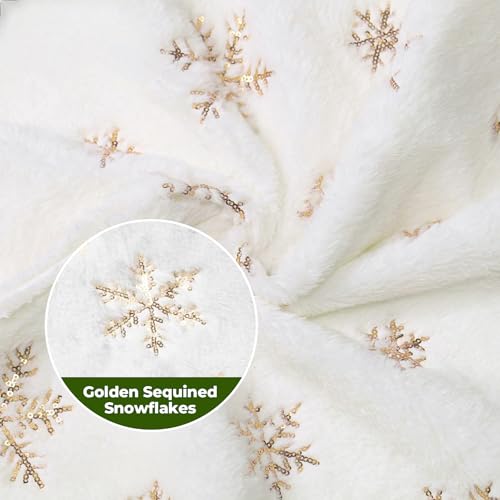 Rysnirs 48 Inch Faux Fur Christmas Tree Skirt with Gold Sequin Snowflakes