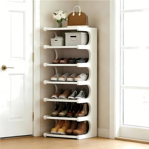 White 7-Tier Vertical Shoe Rack - Space-Saving Bamboo Shoe Organizer for Entryway & Closet
