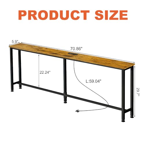 70-Inch Narrow Sofa Table with Outlets - Rustic Brown, 70.8 W x 5.9 D x 29.7 H