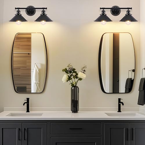 Alynzee 2-Light Farmhouse Bathroom Vanity Light Fixture - Black Wall Sconce, Rustic Style, Dimmable, Over Mirror
