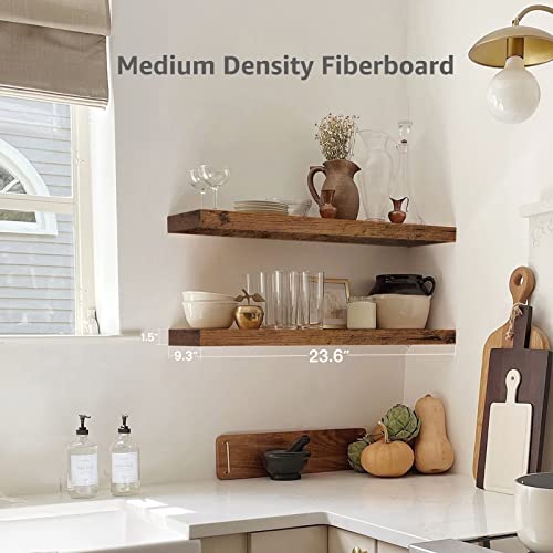 QEEIG Bathroom Long Floating Shelves Set of 2 - Rustic Brown 23.6 Inch Wall Shelves