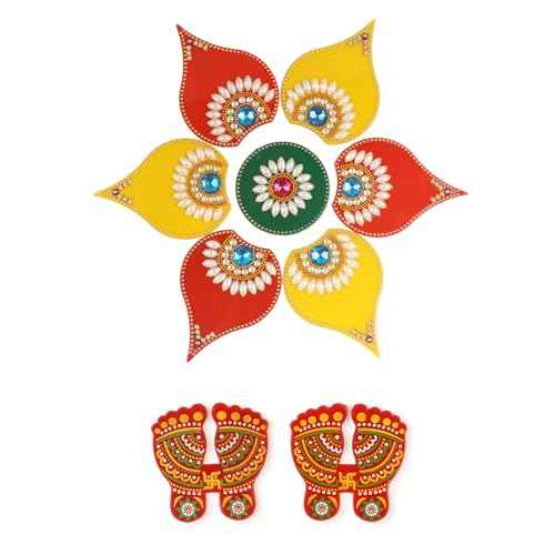 Handmade Deepak Red Acrylic Diwali Rangoli with Laxmi Charan Pagla | Floor & Table Diwali Decoration with Studded Stones & Sequins | Traditional Festive Home Door Rangoli D?cor (Multi)