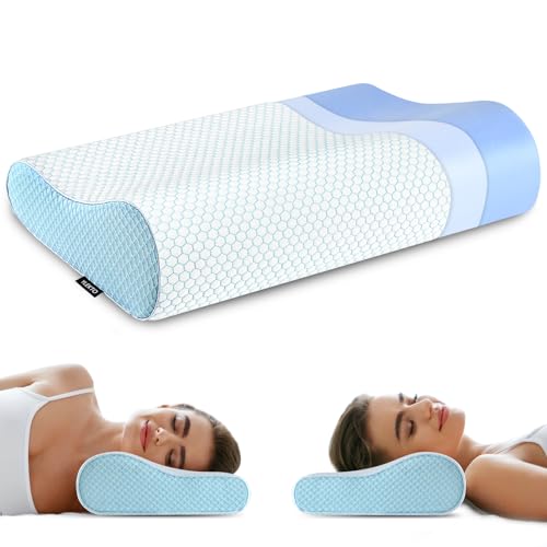 Ylekto Blue Queen Memory Foam Neck Pillow for Sleep Support, Ergonomic Cervical Contour