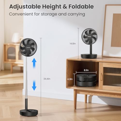 Black Portable Standing Fan with Remote, 8000mAh Battery, Oscillating & Foldable