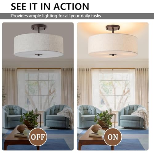 Bargeni Oil-Rubbed Bronze 16-inch Linen Drum Semi-Flush Ceiling Light Fixture