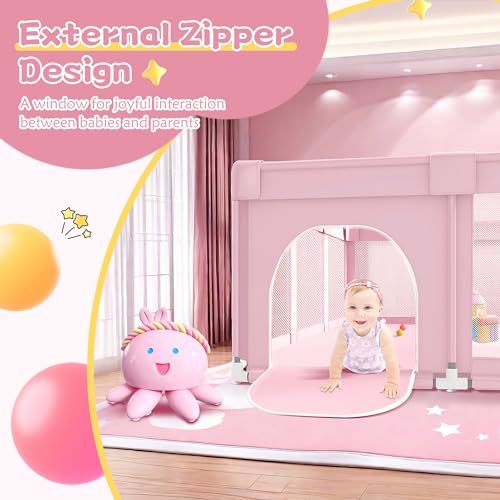 Pink Baby Playpen 74x50x27 Inch Large Indoor & Outdoor Toddler Play Yard with Soft Mesh