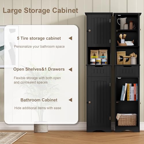 ChooChoo 67-Inch Tall Narrow Bathroom Cabinet with Adjustable Shelves, Black
