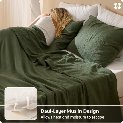 Bedsure Cotton Muslin Duvet Cover Set Queen Olive Green No Comforter