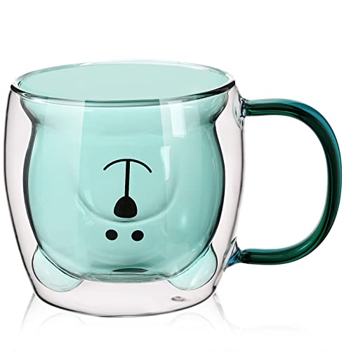 Patelai Green Double Wall Glass Bear Mug with Handle, 250ml - Cute Kitchen Drinkware