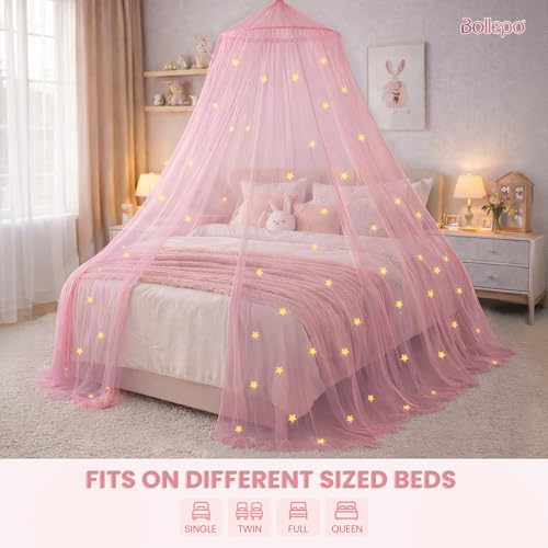 Pink Bed Canopy for Girls with Glowing Stars - Princess Room Decor, Fits Twin to Queen Size Bed