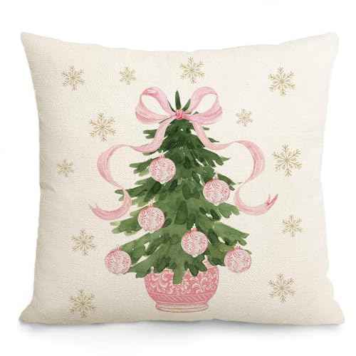 Pink Christmas Tree Merry Christmas Throw Pillow Cover, 18 x 18 Inch Pink Chinoiserie Christmas Watercolor Green Cushion Case Decoration for Sofa Couch