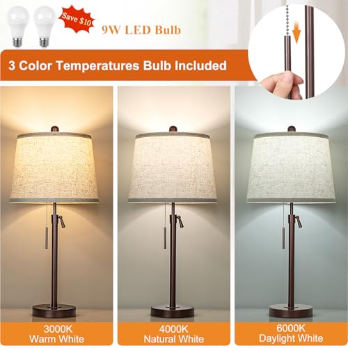 Adjustable Height Bedside Table Lamps Set of 2 - Brown + Beige Shade, 3 Color Temperatures, Modern Nightstand Lamps for Bedroom and Living Room