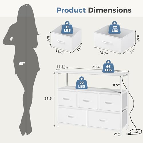 DUMOS TV Stand with 5 Fabric Drawers, Built-in Charging Station & Open Shelf