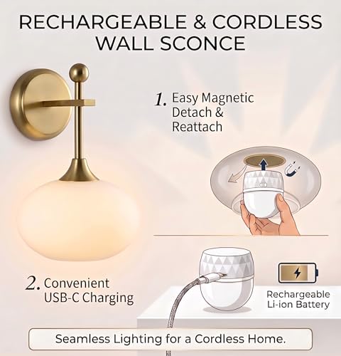 Brass Wall Sconce Set of 2 with Milk Glass Shades - Wireless Rechargeable with Remote