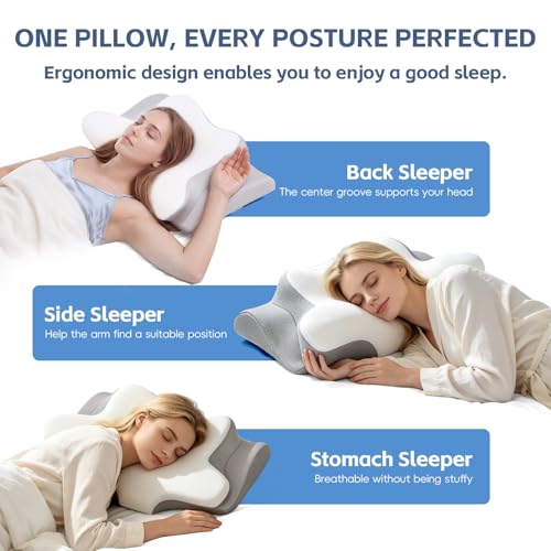 Missleep White Cervical Neck Pillow with 2 Heights & Ice Silk Cover - Ergonomic Memory Foam Support
