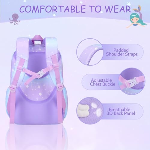 Purple Mermaid Girls Backpack Set with 14oz Leak-Proof Water Bottle & Lunch Bag - 4 Pieces