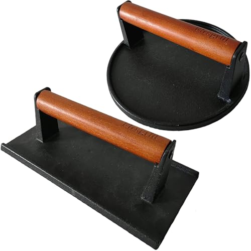 Firsgrill Cast Iron Burger Press 7.08" Round & 8.3"x4.3" Rectangle Flat Bottom for Griddles