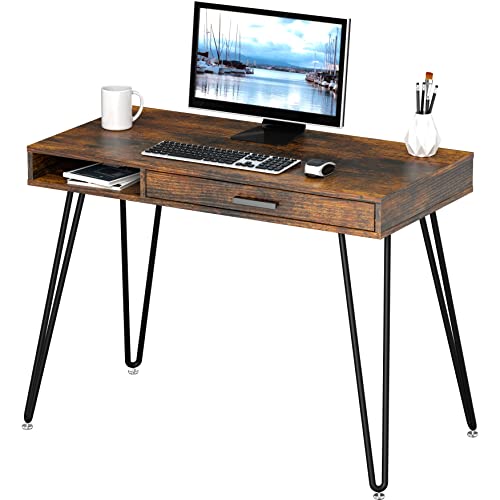 Rustic Brown Hairpin Leg Desk with Drawer - Modern Home Office Table