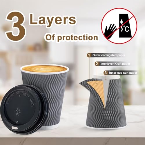 Gray 12 oz Disposable Coffee Cups with Lids - Clawsoff 100 Pack