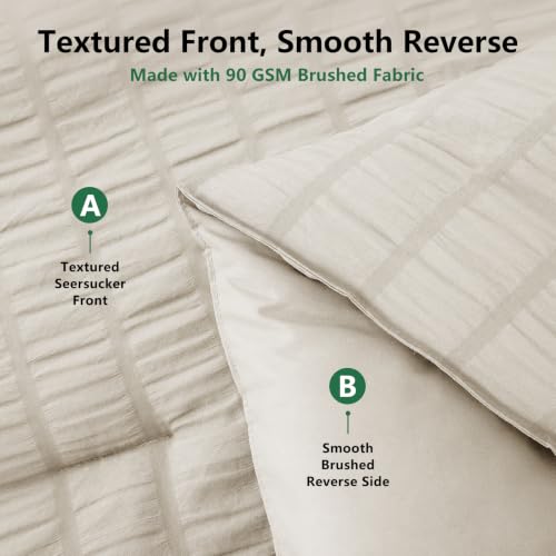 Queen Comforter Set 7-Piece Seersucker Bed in a Bag - Beige, All-Season Bedding