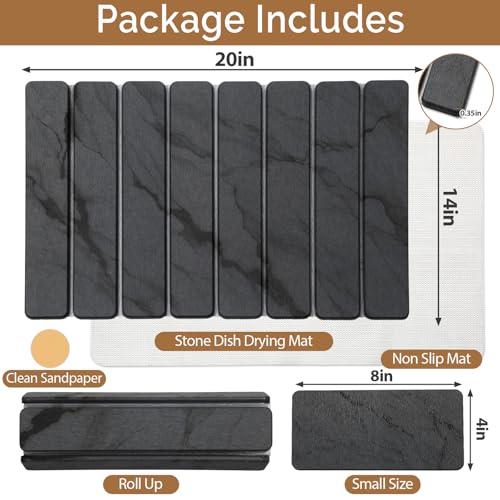 Linidcoud Dark Gray 20x14 Inch Stone Dish Drying Mat for Kitchen Counter - Quick Dry Water Absorbing Marbled Diatomaceous Earth Pad