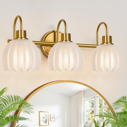 Meybiok 3-Light Brushed Gold Vanity Light Fixture with Frosted Tulip Glass Shades - Over Mirror Bathroom Lighting, Dimmable, Modern Home Decor