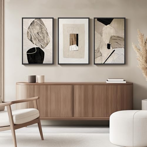 Set of 3 Neutral Abstract Wall Art - 16x24 Inches, Modern Minimalist Frame