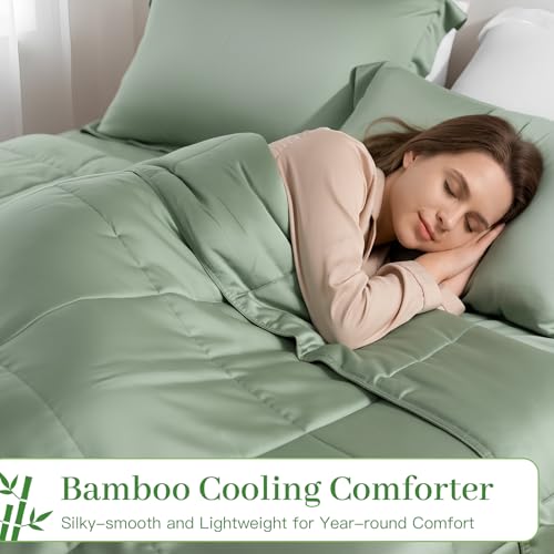 NEXHOME PRO King Size Bamboo Viscose Comforter Sage Green 106x90 Ultra-Soft Breathable All-Season Bedding