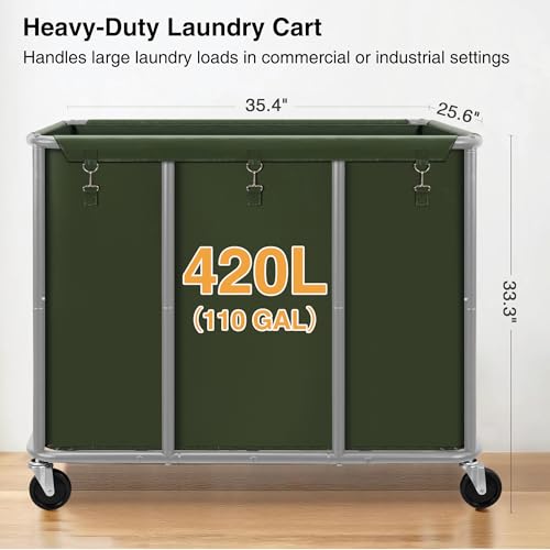 Industrial Laundry Cart with Lockable Wheels 420L Heavy Duty Steel Frame