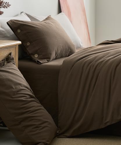 JELLYMONI Queen Brown Washed Cotton Duvet Cover Set 90x90 Linen-Like Organic Style