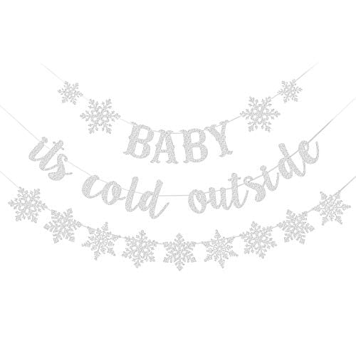 Silver Baby It's Cold Outside Banner and Snowflake Banner Garland, Winter Wonderland Baby Shower Party Decorations