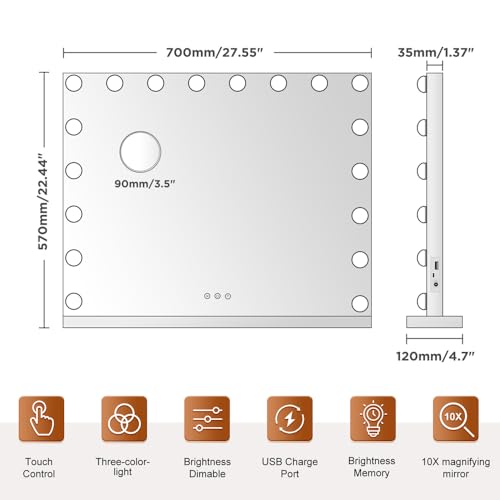 M MIVONDA Hollywood Makeup Vanity Mirror 26x22 with 18 Dimmable LED Bulbs
