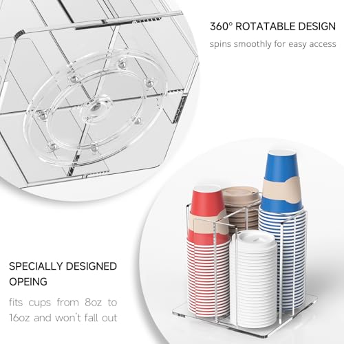 Clear Rotating Cup and Lid Holder Organizer, 4 Compartments for Coffee Station