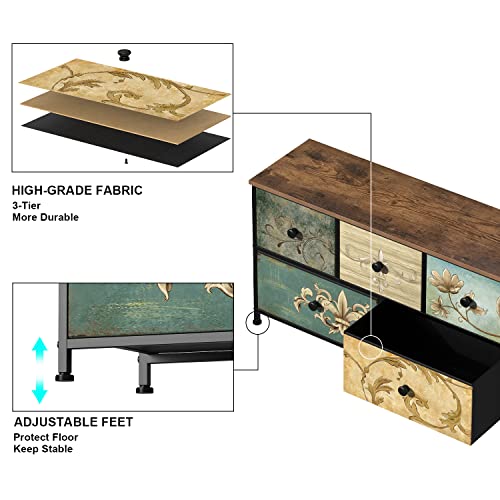 Fabric Dresser with 5 Drawers and Retro Floral Pattern – Bedroom Storage Chest, Wooden Top, 39W x 21.5H inches - Variation of THIS listing