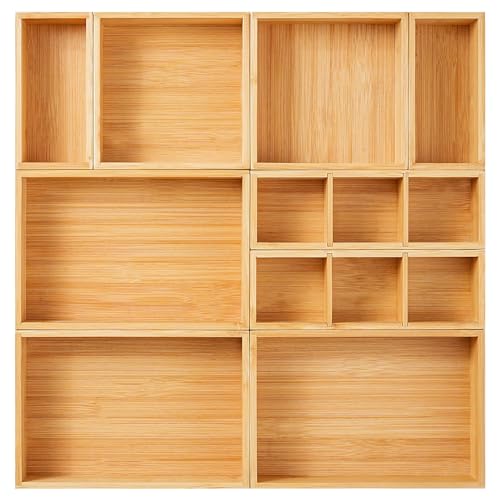 Fabsome Bamboo Drawer Organizer Set of 9 - 2''H Small Wooden Storage Bins for Kitchen, Bathroom, Office, Makeup, and Utensils