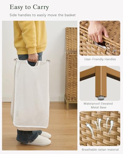 SETVSON 35 Gal Laundry Hamper with Lid, 3-Bag Clothes Sorter, Natural Rattan Finish
