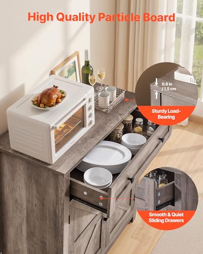 VEVOR Farmhouse Grey Buffet Cabinet with 2 Barn Doors & Adjustable Shelves - 30" Coffee Bar Sideboard with Drawers