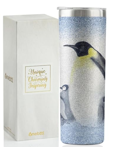 Onebttl Glitter 20oz Penguin Tumbler with Lid & Straw – Insulated Stainless Steel, Watercolor Penguins