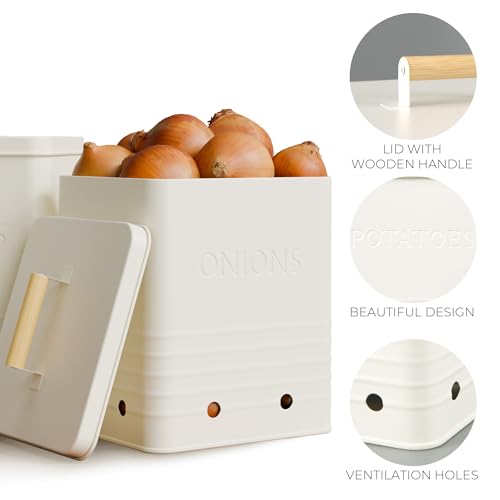 Cream Metal Potato and Onion Storage Container Set - Food Safe Kitchen Bins