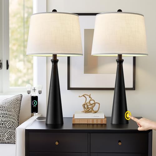 Black 25.75 Inch Table Lamps Set of 2 with USB Charging, Dimmable Touch Control, Modern Fabric Shade for Living Room & Bedroom